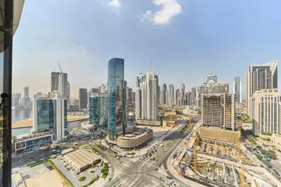 an aerial view of a city with tall buildings at fam Living Ultra Luxury 3BR Burj Khalifa View in Dubai