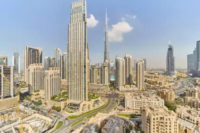 an aerial view of a city with tall buildings at fam Living Ultra Luxury 3BR Burj Khalifa View in Dubai