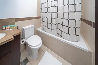 a bathroom with a toilet and a tub and a sink at 2BR 29Blvd Balcony Fountain View in Dubai