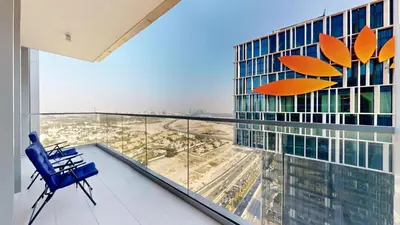 a room with a view of a building at Vacationer l 2 Bed Direct Dubai Mall Access l Free Pool, Gym in Dubai