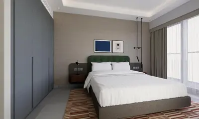 a bedroom with a large bed and a large window at Marriott Executive Apartments Jumeirah Lakes Towers, Dubai in Dubai