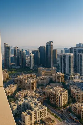 an aerial view of a city with tall buildings at Skyline 43 - Penthouse Burj Khalifa View & Pool in Dubai