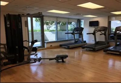 a gym with several treadmills and elliptical machines at Skyline 43 - Penthouse Burj Khalifa View & Pool in Dubai