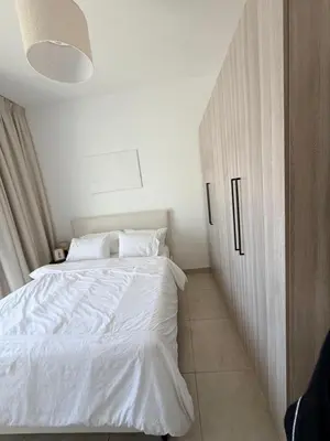 a bedroom with a white bed and a closet at Modern apartment Dubai in Dubai