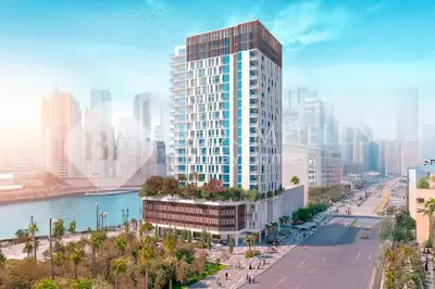 a rendering of a tall building next to a river at Bloomfields Canal View 2Br Apt Canal Business in Dubai