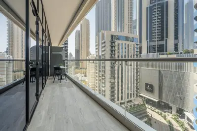 an apartment balcony with a view of a city at GuestReady - Stylish retreat near Dubai Mall in Dubai