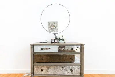 a dressing table with a mirror on top of it at Bluewaters 2B Iconic Ain Dubai and Sea View in Dubai
