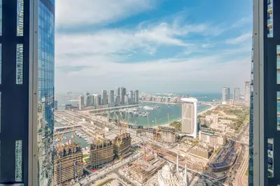 an aerial view of a city with tall buildings at PVH - Iconic Waterfront Escape - Luxury 2BR with Sea Views - DUBAI MARINA in Dubai