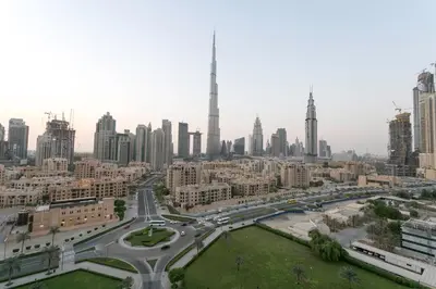 an aerial view of a city with a highway at La Dolce Vita in Dubai