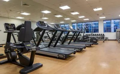 a gym with rows of tread machines in a row at Marina View 2BHK, Spacious Apartment in a Prime Location, Quick Access to Tram, Metro & Beach in Dubai