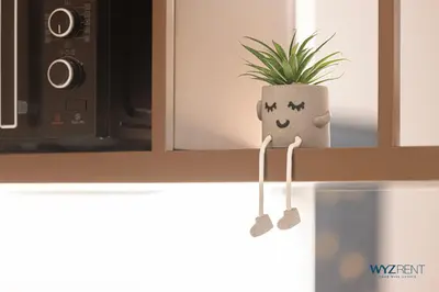 a plant sitting on a shelf next to a microwave at Posh 2BR Vida Dubai Mall Hotel Amenity & Mall Access in Dubai