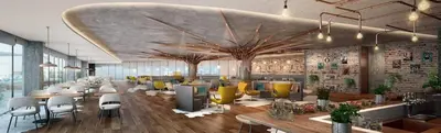 a rendering of a lobby with tables and chairs at Prestige Heights 1BR with Iconic Oceanview in Dubai