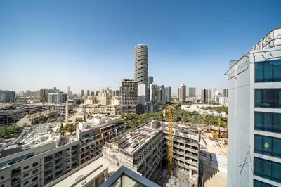 a view of a city skyline with tall buildings at Urban Oasis 1BR Designer Nest Chic & Cosy in Dubai