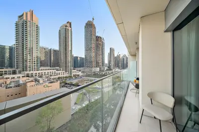 a balcony with a view of a city skyline at VayK - Iconic 1BR in Downtown in Dubai