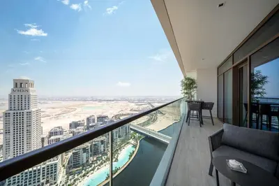 a view from the balcony of a building at Creek Escape - Palace Residences - Creek Harbour in Dubai