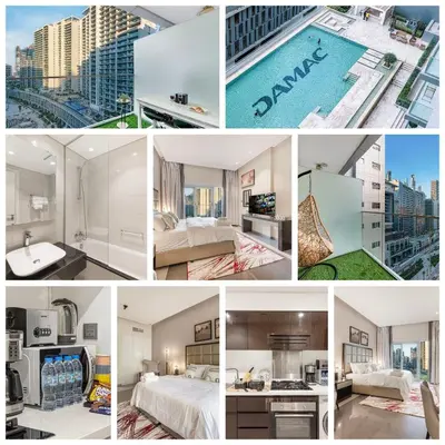 a collage of photos of a hotel at High Floor Balcony Suite 8 mins to Burj Khalifa in Dubai
