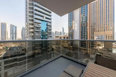 a balcony with a view of a city at Modern Studio with Balcony Orra, Harbour, Marina in Dubai