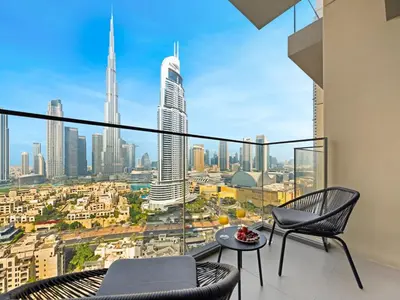 a balcony with a view of a city at New-Best Burj Khalifa View I 2BR I Walk DubaiMall in Dubai