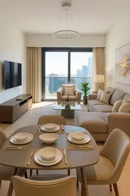 a living room with a table and chairs and a couch at Burj Khalifa Area- 2 Chic BR, Act Tower Dubai Mall in Dubai
