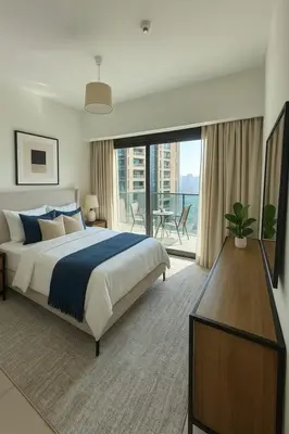 a bedroom with a large bed and a balcony at Burj Khalifa Area- 2 Chic BR, Act Tower Dubai Mall in Dubai