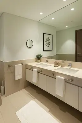 a bathroom with two sinks and a large mirror at Burj Khalifa Area- 2 Chic BR, Act Tower Dubai Mall in Dubai