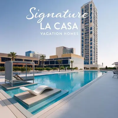 a magazine cover of a swimming pool in a city at Luxury 1BR Apartment In Binghatti Corner, High Floor In JVC in Dubai