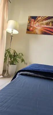 a bedroom with a blue bed with a lamp and a plant at Elite Residence, Marina in Dubai
