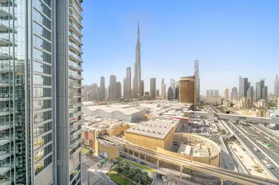 an aerial view of a city with tall buildings at Premium 2BR Burj Khalifa View at Vida Dubai Mall in Dubai