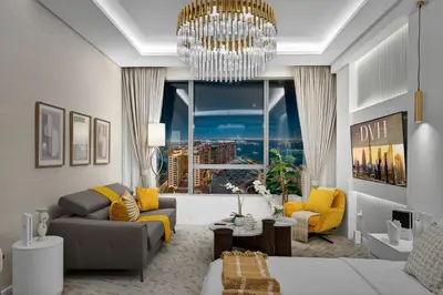 a rendering of a living room with a chandelier at DVH Luxe Retreats at The Palm Tower, Palm Jumeirah, Studio Apartment in Dubai