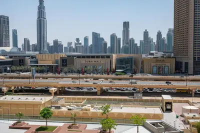 a view of a city with buildings and cars at Stylish 1 Bed in Downtown with Dubai Mall Access in Dubai
