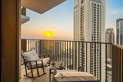 a balcony with a view of a city skyline at Extra Luxury High Floor Skyline View Stylish in Dubai
