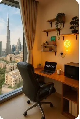 an office with a desk with a laptop and a window at Burj Khalifa View 1BHK 5 people Downtown Dubai in Dubai