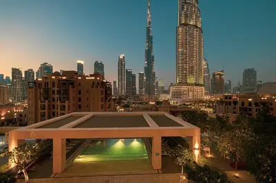 a view of a city skyline with tall buildings at Designer 2BR, Burj Khalifa View & Dubai Mall 2 minutes walk in Dubai