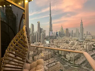 a view of a city from the top of a skyscraper at Full Burj Khalifa Fountain View Near Dubai Mall Downtown in Dubai