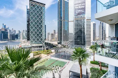 a view of a city skyline with tall buildings at Sleek Home in Business Bay with Panoramic Views in Dubai