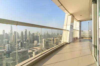 a balcony with a view of the city at VayK - Luxurious 3BR in Business Bay with Burj Khalifa View in Dubai