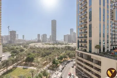 a view of a city from a building at Vogue JVC Jeewar Tower Near Circle Mall, One Bedroom Apartment with Balcony and City View, Access to all Amenities in Dubai