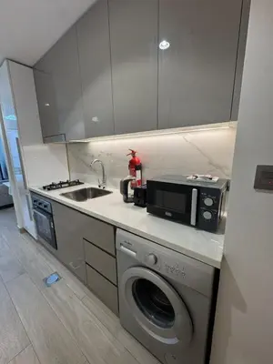 a kitchen with a washing machine and a microwave at Azizi Riviera 41 - Meydan by Golden Casa in Dubai