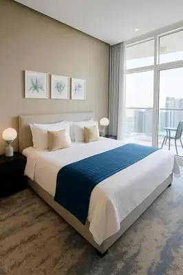 a large bed in a room with a large window at Opulent Suites - Business Bay - Downtown in Dubai