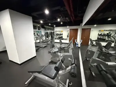 a gym with a bunch of cardio equipment in it at Aesthetic Feel with Lake View in Dubai
