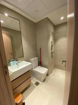 a bathroom with a sink and a toilet and a mirror at Cozy 1 Bedroom Apartment near Downtown in Dubai