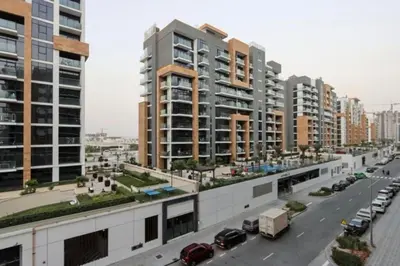 a view of a city street with tall buildings at Fully Equipped Studio in Meydan in Dubai
