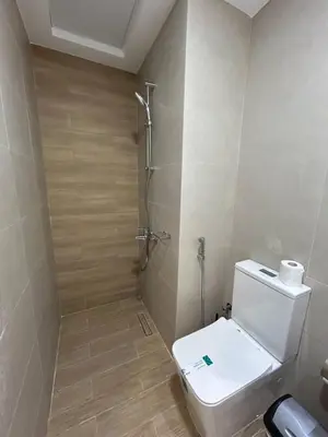 a bathroom with a toilet and a shower with a toilet paper at Modern Studio Apt in Jabel Ali Near Metro in Dubai