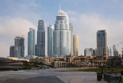 a view of a city with tall buildings at Highend Luxury 2BR Direct Burj Khalifa & Fountain Views in Dubai