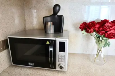 a statue sitting on top of a microwave with roses at Minteh Holiday Home in Dubai