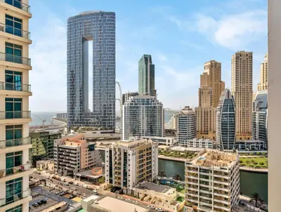 a view of a city skyline with tall buildings at Lux Stay In Dubai Marina BCOM in Dubai