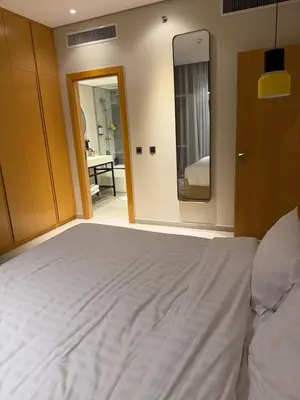 a bedroom with a large bed and a mirror at A luxurious 1 bedroom and living room in Dubai