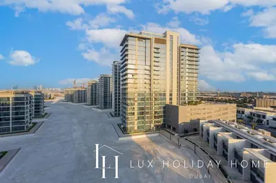 a view from the roof of a building at LUX The Burj Khalifa Lagoon View Suite 5 in Dubai