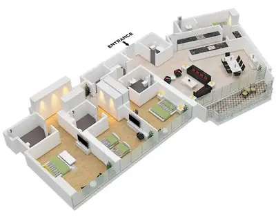 a rendering of a house with a floor plan at LUX The Burj Khalifa Lagoon View Suite 5 in Dubai