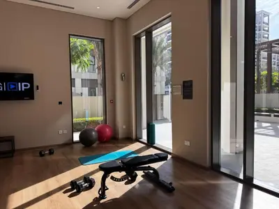 a room with a gym with a treadmill and a ball at Elegant 1BR at Lotus Creek Beach Lagoon Living in Dubai